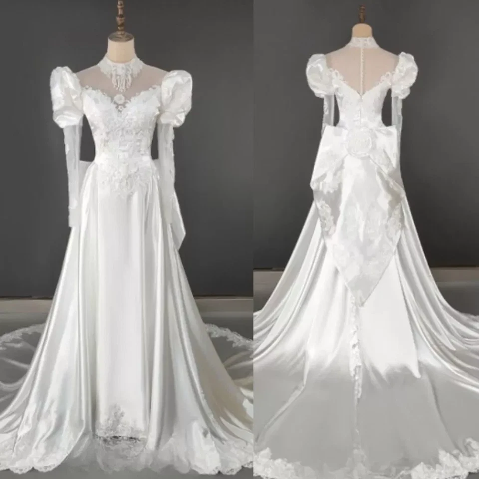 Vintage Mid Century White Ivory Wedding Dresses Satin Court Train Bridal Gowns - Image 1 of 1