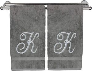 Monogrammed Hand Towel, Personalized Gift, 16 x 30 Inches - Set of 2 - Silver Em