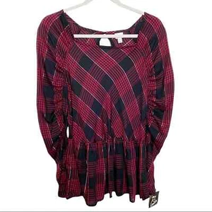 Art Class Plaid Peplum Hem Long Ruched Sleeve Top Red Black Girls 18 NWT - Picture 1 of 7