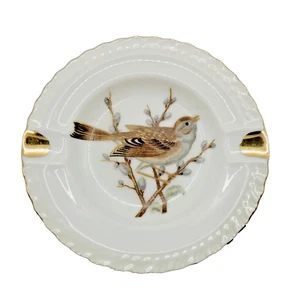 Sparrow Bird Pussy Willow Nature Theme Personal Ashtray Gold Gilded Vtg Japan - Picture 1 of 13