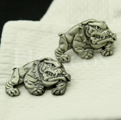 Gemelos hechos a medida hágalo usted mismo satinado plata hueso de bulldog vintage regalo de vacaciones para él Foto 1 de 4