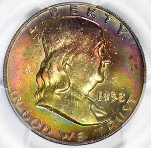 1958-D Franklin Half Dollar PCGS MS67FBL CAC Rainbow Toned