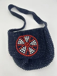 Borsa a mano vintage Roger Van S rossa bianca e blu con perline retrò Hong Kong - Foto 1 di 6