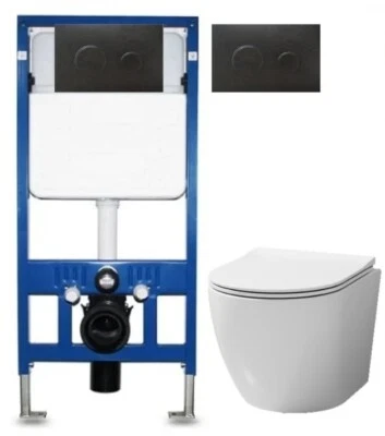 Anas Matt Black Plate Wc Frame Rimless Wall Hung Toilet Pan Soft Close Seat Roun - Image 1 of 4