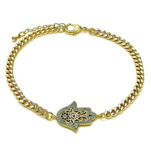 14K GOLD PLATED 8"+1" BRACELET W/ TURQUOISE CZ HAMSA IN A CUBAN LINK CHAIN M669 - Picture 1 of 1