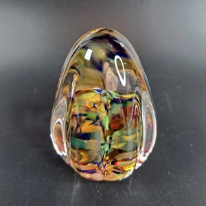 Art Glass Paperweight Egg Shaped with Waves Yellow Blue Amber Clear (Flea Bites) - Picture 1 of 11
