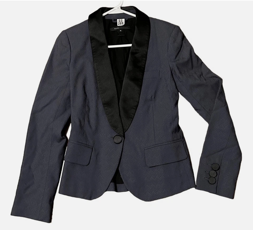 Jaqueta smoking Marc Jacobs lã azul marinho cinza gravata preta formal tamanho 6 - Imagem 1 de 4