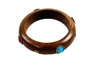 TWO'S COMPANY Wood Bangle Bracelet Turquoise & Coral Jeweled Brass Studs - Image 1 of 4