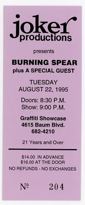 Burning Spear Concert Ticket Graffiti Pittsburgh, PA 1995 - Image 1 of 2