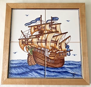 Framed Spanish Wall Tile Galleon Mid 20th Century - Picture 1 of 8