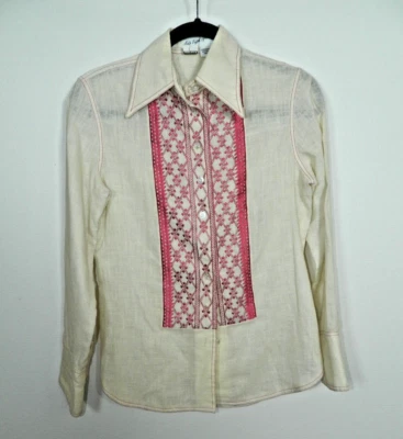Camisa Anne Klein Saks Fifth Avenue Talla 8 Marfil Rojo Lino Bordado De Colección Foto 1 de 4