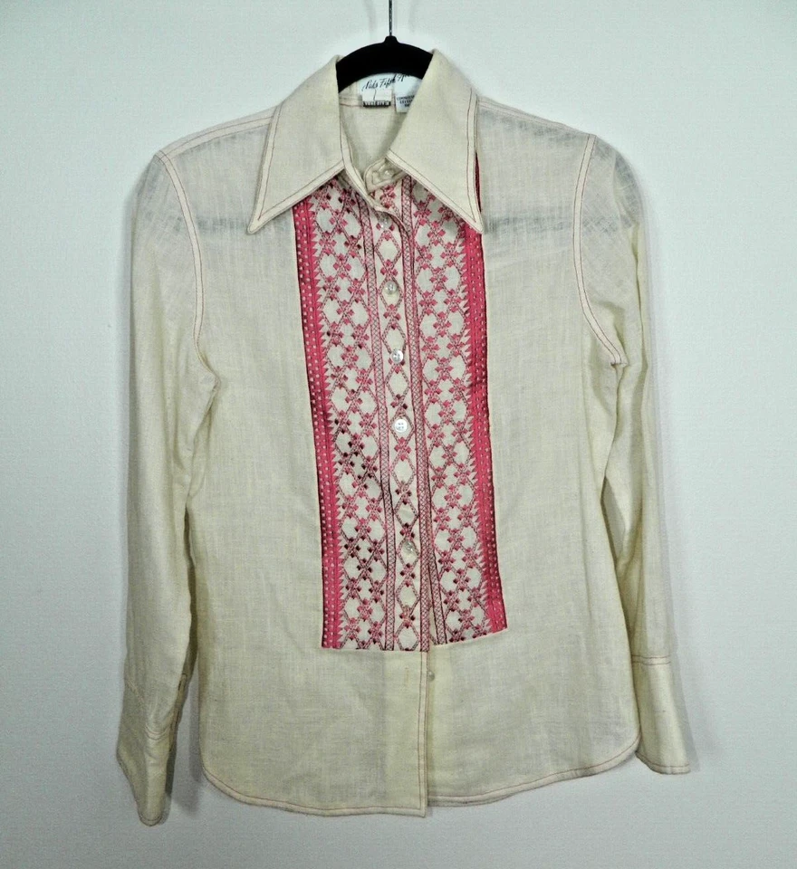 Camisa Anne Klein Saks Fifth Avenue Talla 8 Marfil Rojo Lino Bordado De Colección Foto 1 de 4