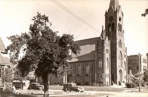 Postcard RPPC Catholic Building Mitchell SD Old Cars 3765 PC495 - Picture 1 of 2