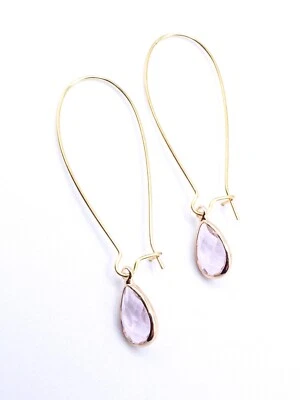 PRECIOSOS Delicados Pendientes Facetados Rosa Claro Lágrima Cristal Delgado Oro Enhebrador Foto 1 de 4