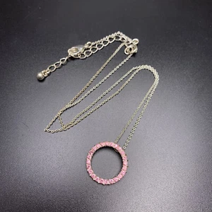 Avon Pink Rhinestone Circle Pendant Necklace Silver Tone Signed NR Dainty - Picture 1 of 7
