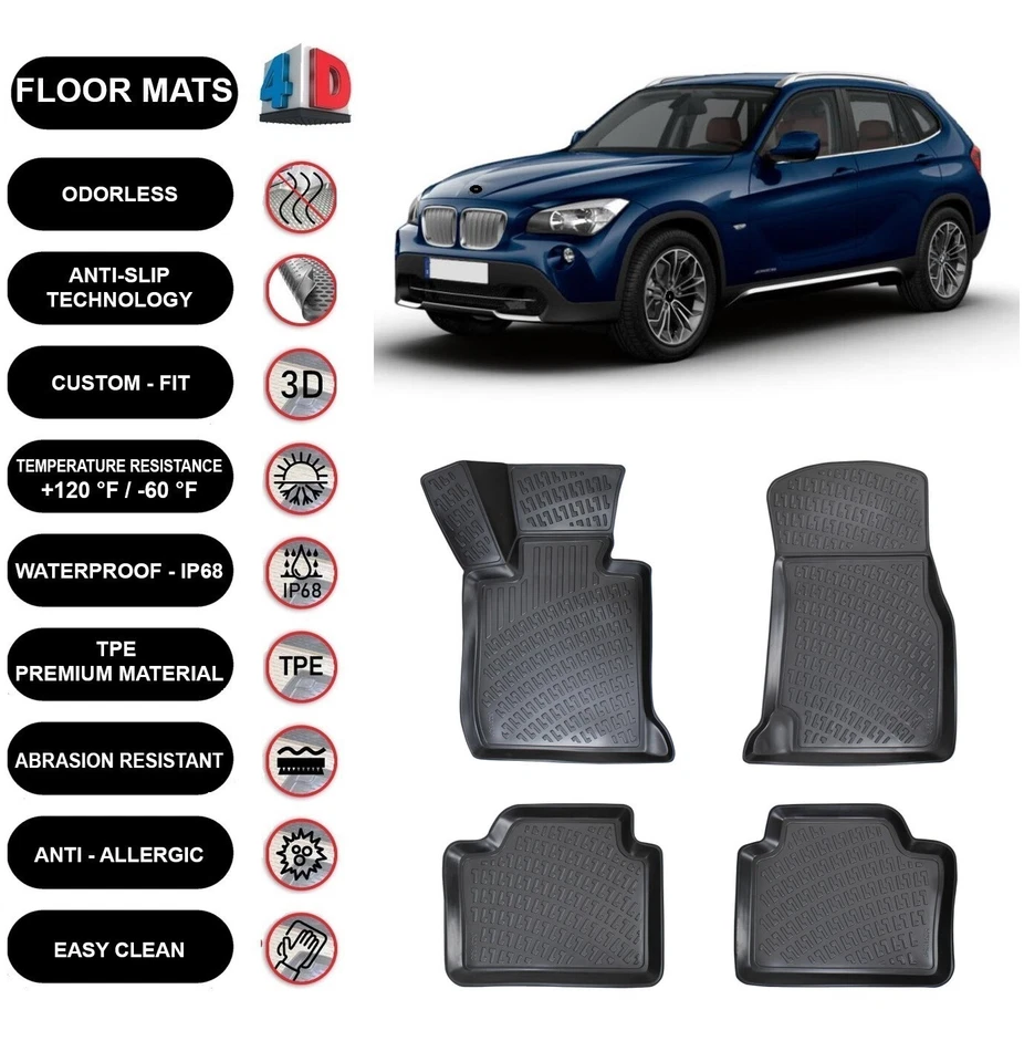 Alfombrillas forro para BMW X1 (2009-2015) impermeables moldeadas en 3D negras 4 un. Foto 1 de 4