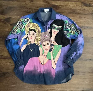 Camicia denim vintage anni 90 dipinta a mano di Kolorway taglia XL - Foto 1 di 11