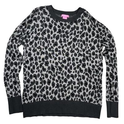Suéter para mujer Isaac Mizrahi negro gris estampado de leopardo cuello redondo talla grande Foto 1 de 4