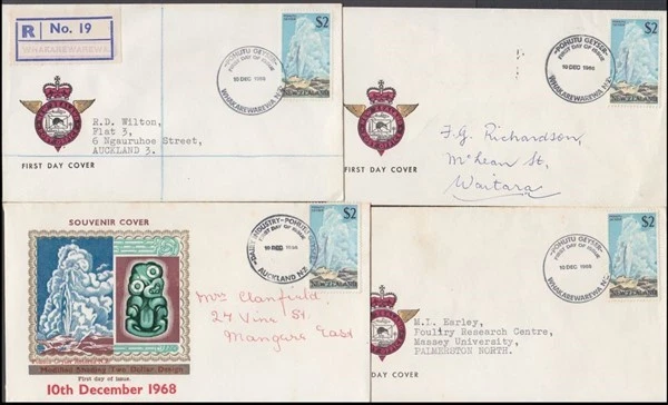 NEW ZEALAND 1968 $2 MULTI GEYSER FDC’s (x4) (ID:014/D66135) - Image 1 of 1
