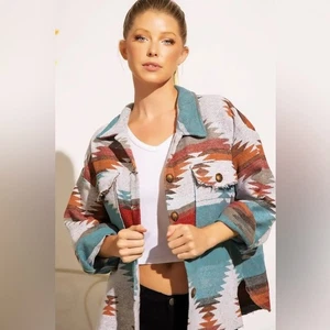 Veveret Aztec Fringe Shacket Large Multicolor Southwest Button Front Jacket - Bild 1 von 10