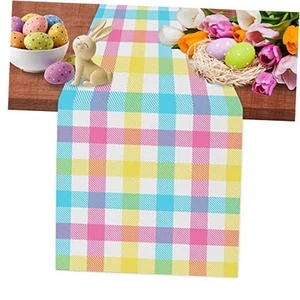 Linen Easter Blue Pink Yellow Buffalo Check Plaid Table Runner 72 Inches Long - Picture 1 of 8