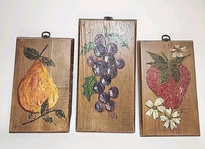 Vintage Hand Painted Fruit Wall Plaques Set of 3 Signed RHJ Rustic Fruit Art - Image 1 of 4