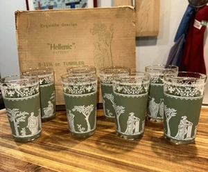 8 Vintage grün weiß Goldrand griechisches griechisches griechisches Glas 11,5 Unzen Becher mit Box - Bild 1 von 7