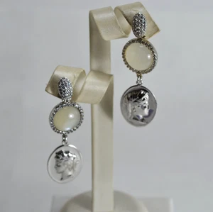 ORECCHINI IN ARGENTO 925 CABOCHON  PIETRA DI LUNA PENDENTI  ZIRCONI     AGHT 056 - Foto 1 di 3