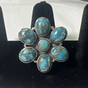 Sterling Silver Copper  Turquoise Cluster Ring Adjustable Southwest - Picture 1 of 16