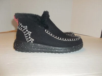 Womens Size 6 Hey Dude Denny Faux Shearling Black Embroidered Ankle Boot - Image 1 of 4