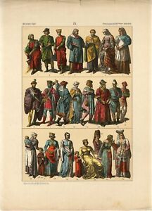 1888 COSTUMES MEDIEVAL FRANCE FEMALE MALE Antique Lithograph Print F.Hottenroth
