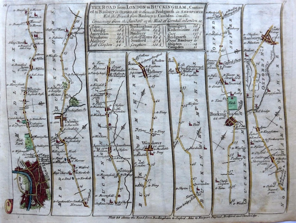 ROAD MAP BY JOHN SENEX c1757  LONDON BUCKINGHAM  MIDDLESEX  BANBURY STRATFORD - Изображение 1 из 1