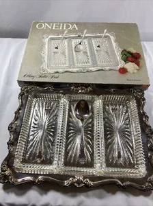 Oneida Oblong Tidbit Relish Dish w/Silverplate Glass Trays Forks and Spoon - Picture 1 of 10