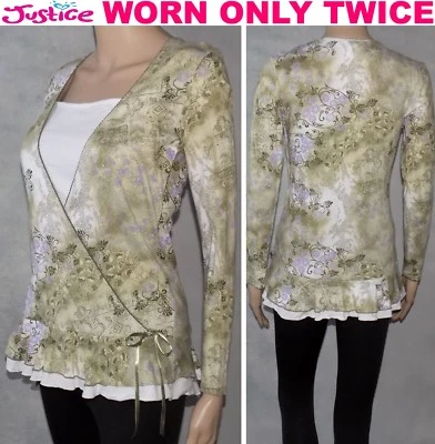 WORN ONLY TWICE: Justice: Mock Wrap Floral Print Top, Green/White, Size 14 Kids - Image 1 of 4