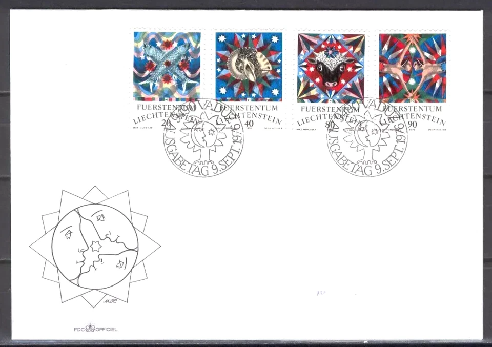 LIECHTENSTEIN 1976 ZODIAC SIGNS PISCES ARIES GEMINI TAURUS CACHET SET FDC UNADDR - Image 1 of 1