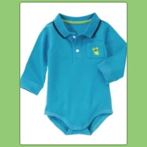 NWT 3-6 Gymboree “FROG HOPPY”  Cotton Turquoise Polo Long Slv BODYSUIT 1-piece - Picture 1 of 2