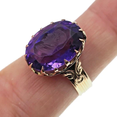 Victorian 14k Solid Rose Gold Intaglio Cameo Amethsyt Ring Size 8 - Image 1 of 3