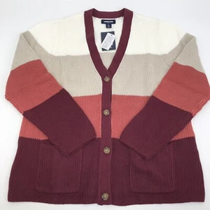 Cardigan Sweater with Pockets XL Women's Button Cotton Burgundy Beige Cream New - Picture 1 of 8