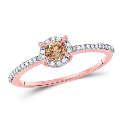 Chocolate Brown Diamond Halo Solitaire Ring 10K Rose Gold Accented Band .33ct - Image 1 of 4