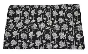 Black Floral Kantha Hand Block Print Bedspread Throw Handmade Blanket Queen Size - Picture 1 of 6