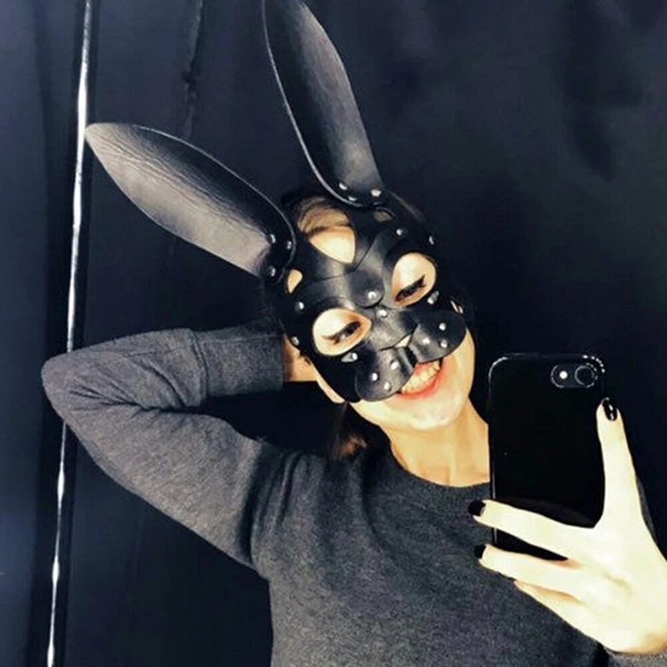 Sexy Mujeres Cuero PU Orejas Largas Máscara Facial Juegos con disfraces Juego de rol Fiesta Conejito Disfraz Foto 1 de 4
