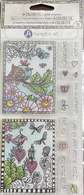 Conjunto de estampillas transparentes para colorear arte Hampton flores pájaros mariposas primavera verano Foto 1 de 3