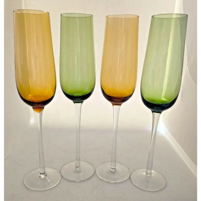 CHAMPAGNE FLUTES-PIER 1-Amber-Green-Clear Stems-12" Tall-Vintage-Set of 4 - Image 1 of 4