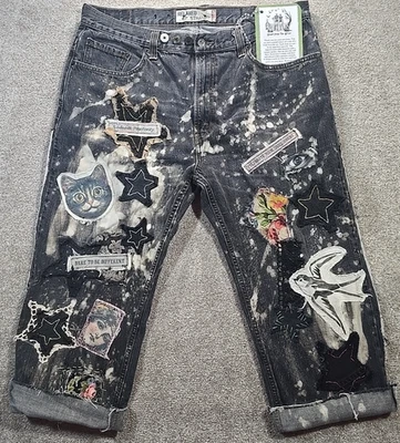 OOAK Magnolia Boho Reworked Levi Jeans Upcycle Indie Cat Boyfriend Adjusts 30-38 - Image 1 of 4