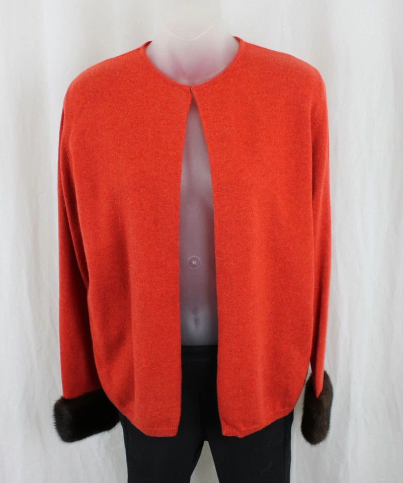 Suéter cardigã feminino Vera Wang laranja 100% cashmere acabamento de pele manga longa M - Imagem 1 de 4