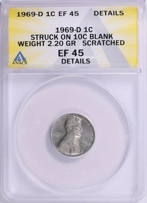 1969-D Lincoln Cent Struck on 10c Blank Dime Planchet XF45 Rare Error Coin - Image 1 of 2