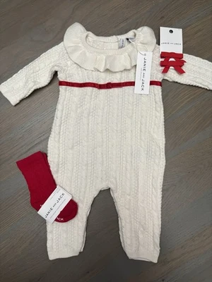 NWT Janie and Jack girl HOLIDAY 3-piece ivory sweater romper SET 0 3 6 12 18 24 - Image 1 of 4