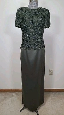 SCALA Beaded Silk Sequin Top Maxi  Skirt Short Sleeve Dark Green Dress Evening  - Image 1 of 4