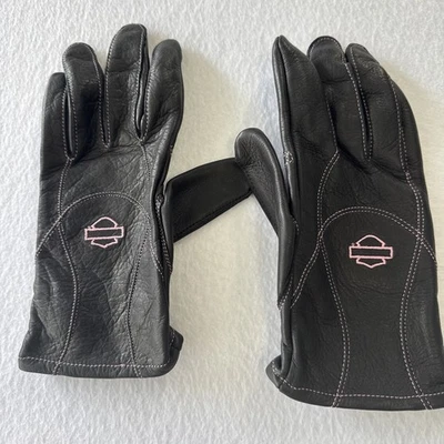 Harley Davidson women’s leather gloves black pink logo riding gear XL - Image 1 of 4