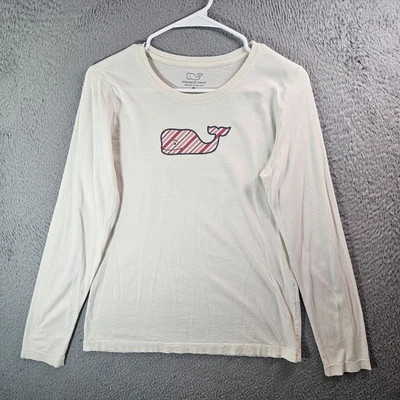 Vineyard Vines Tee Top Women Medium Whale Print Long Sleeve Light Cream - Image 1 of 4